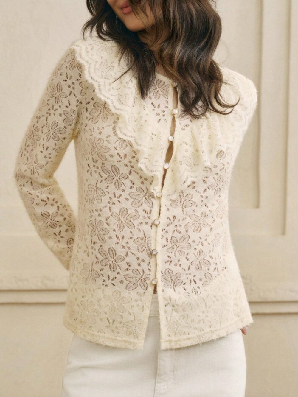 NWT Cream Ruffle Broderie Anglaise Sweater Knit Cardigan Top, Large 8/10